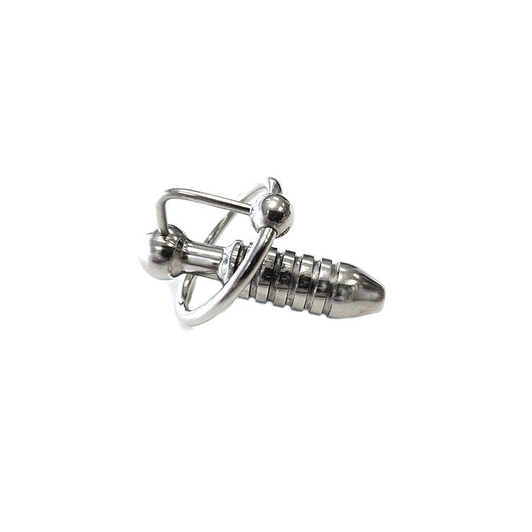 Stainless Steel Hollow Beaded Probe & Cock Ring - 1cm thick